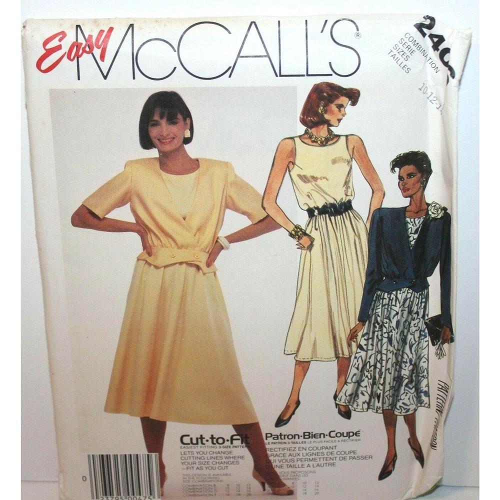 McCalls Sewing Pattern 2406 Misses Size 10-14 Jacket Dress Blouson Peplum 80s